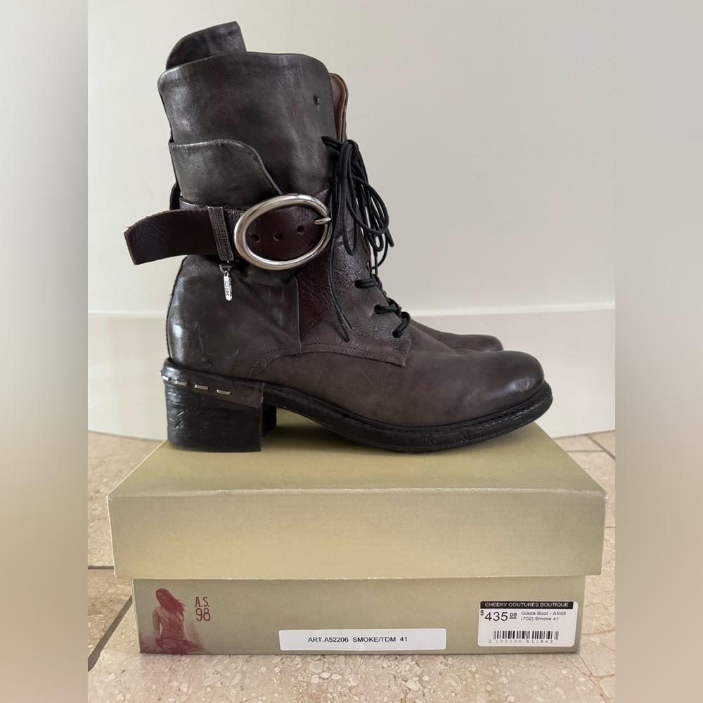 A.S.98/AS98 x Free People smoke grey leather biker moto combat military boot